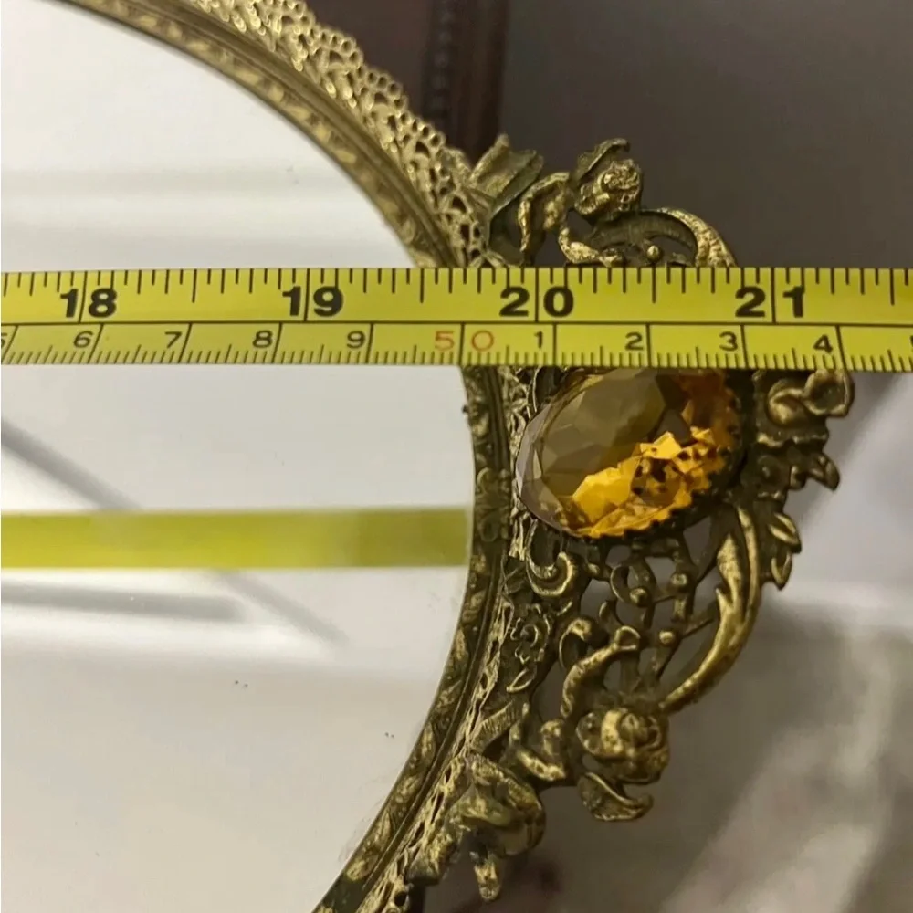 Vtg Gold Ornate Mirror Vanity Tray W/Cherubs & Lg Two Yellow Jewels Velvet Back